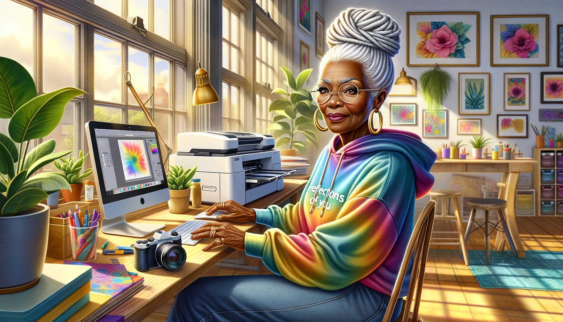 Octogenarian Site Colorful older lady in craft room giving a feeling of creativity and fun.
